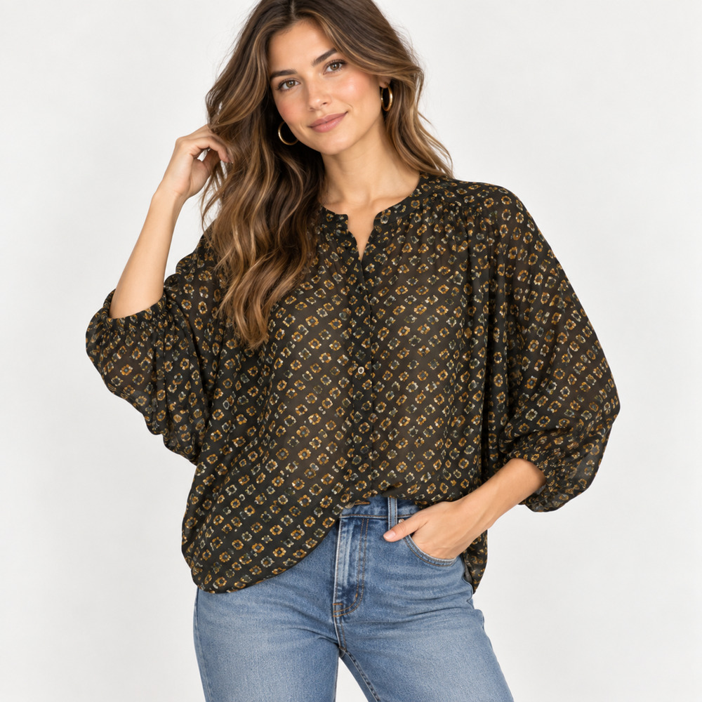 Anthropologie Pamela Blouse S Brown Geometric Dolman 3/4 Sleeve Boho Cotton